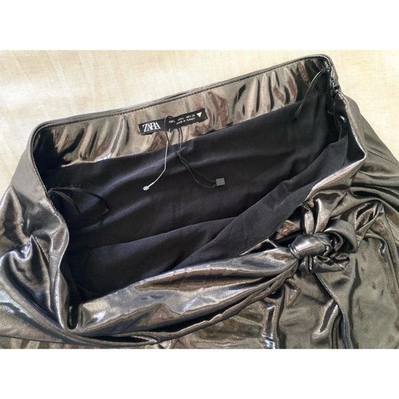 RELISTED NWOT Zara Metallic Gunmetal Wrap Style Tie Waist Mini Skirt - Picture 6 of 15